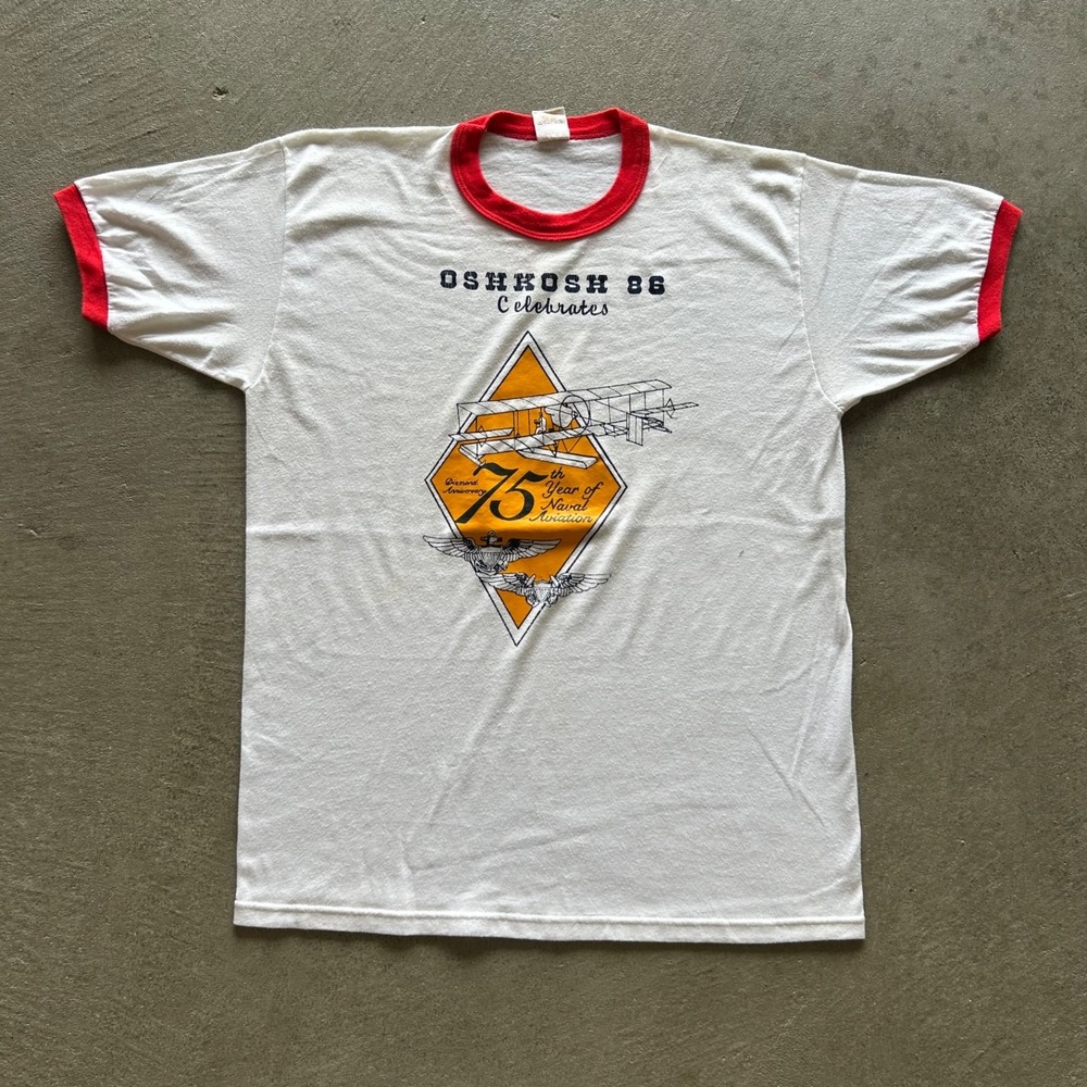 Vintage 80s Oshkosh Naval Aviation Ringer Shirt Size Large 1986 75th Anniversary